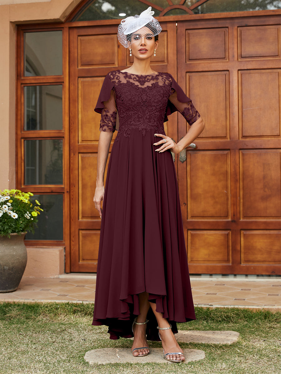 A-Line/Princess Sheer Neck Half Sleeves Long Evening Dresses with Appliques