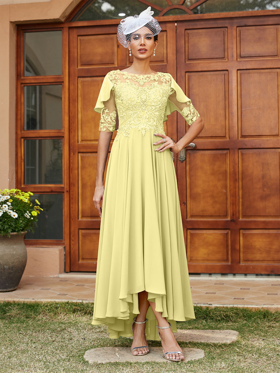 A-Line/Princess Sheer Neck Half Sleeves Long Evening Dresses with Appliques