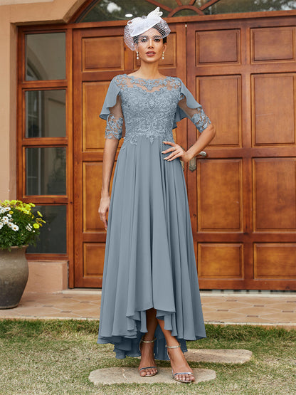 A-Line/Princess Sheer Neck Half Sleeves Long Evening Dresses with Appliques