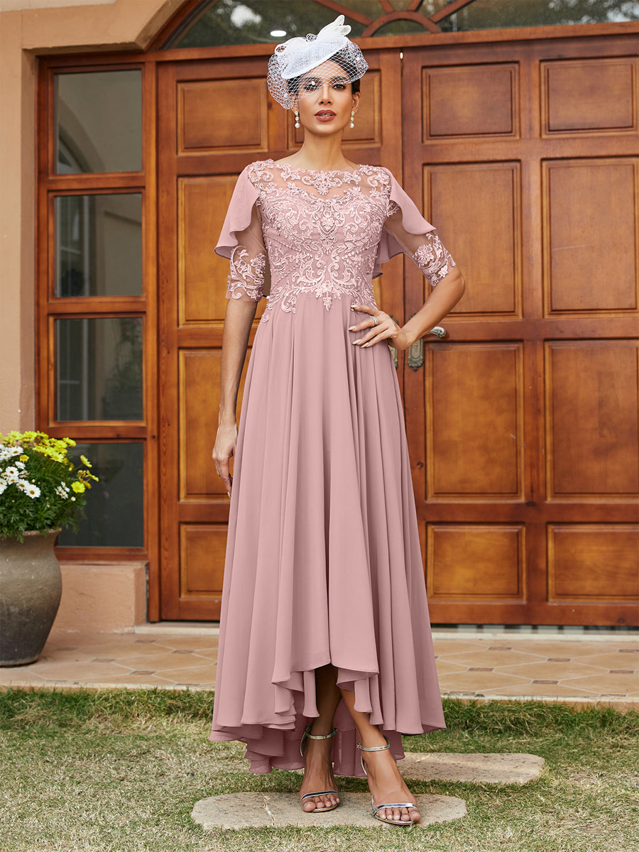 A-Line/Princess Sheer Neck Half Sleeves Long Evening Dresses with Appliques