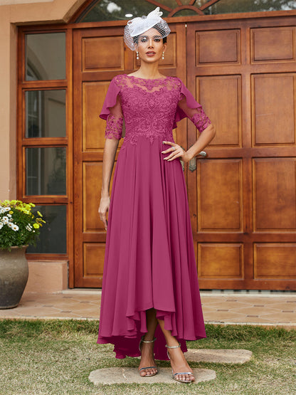 A-Line/Princess Sheer Neck Half Sleeves Long Evening Dresses with Appliques