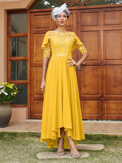 A-Line/Princess Sheer Neck Half Sleeves Long Evening Dresses with Appliques