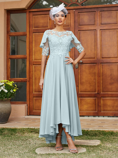 A-Line/Princess Sheer Neck Half Sleeves Long Evening Dresses with Appliques