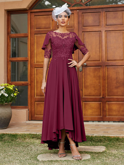 A-Line/Princess Sheer Neck Half Sleeves Long Evening Dresses with Appliques