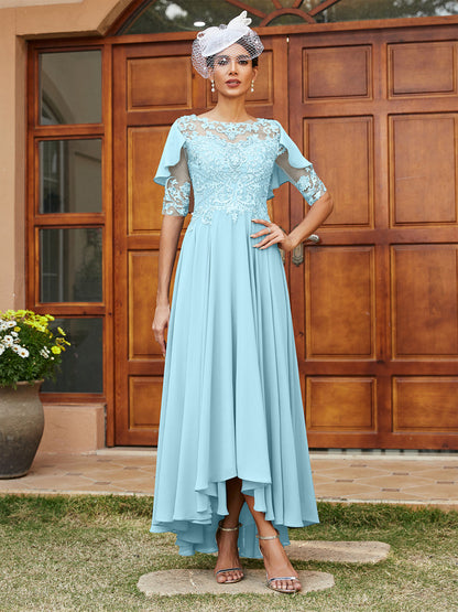 A-Line/Princess Sheer Neck Half Sleeves Long Evening Dresses with Appliques