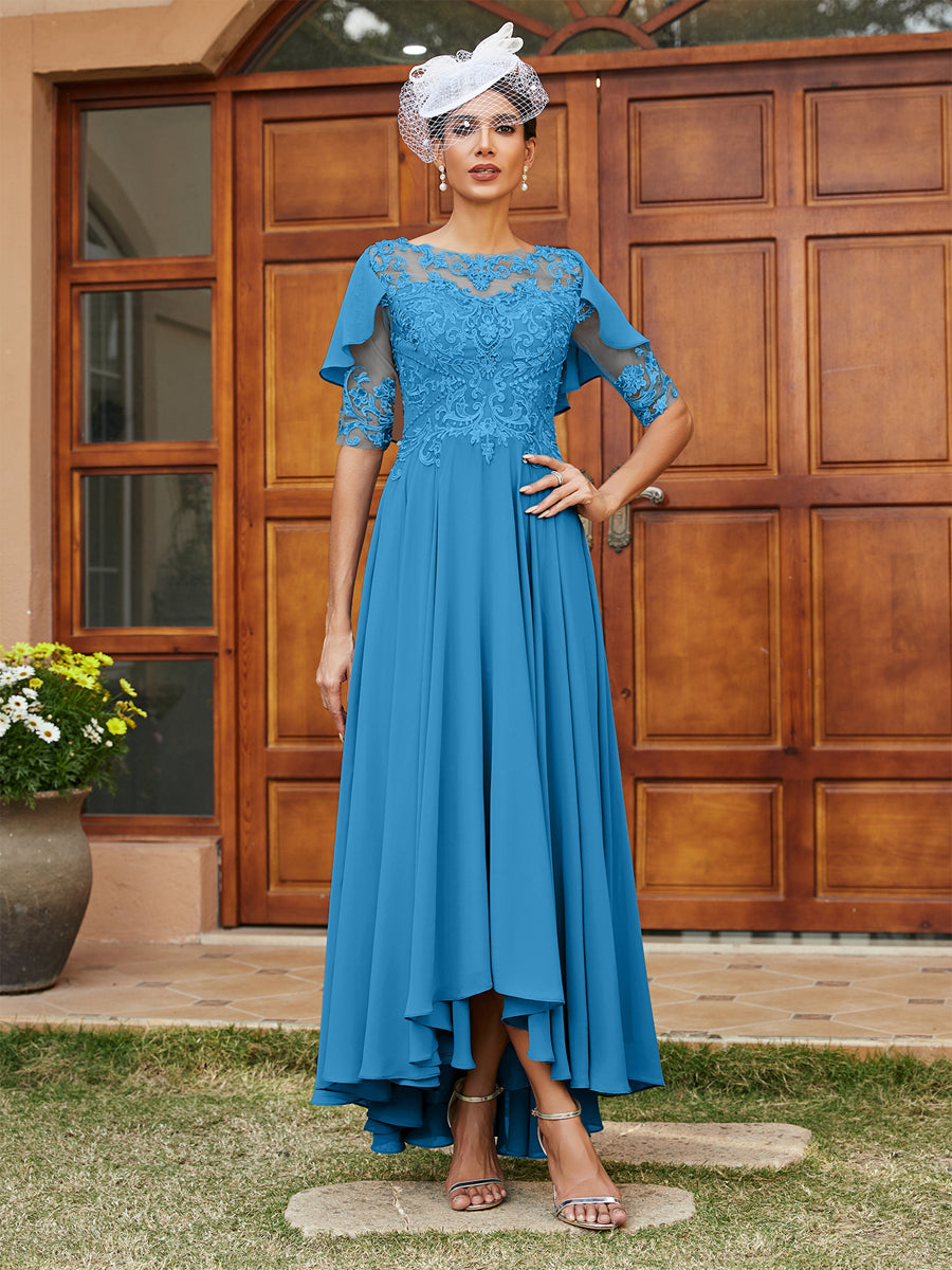 A-Line/Princess Sheer Neck Half Sleeves Long Evening Dresses with Appliques