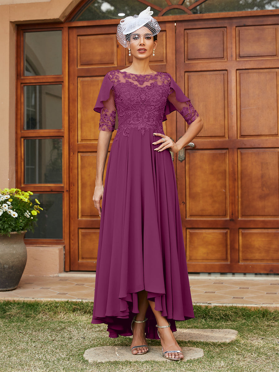 A-Line/Princess Sheer Neck Half Sleeves Long Evening Dresses with Appliques