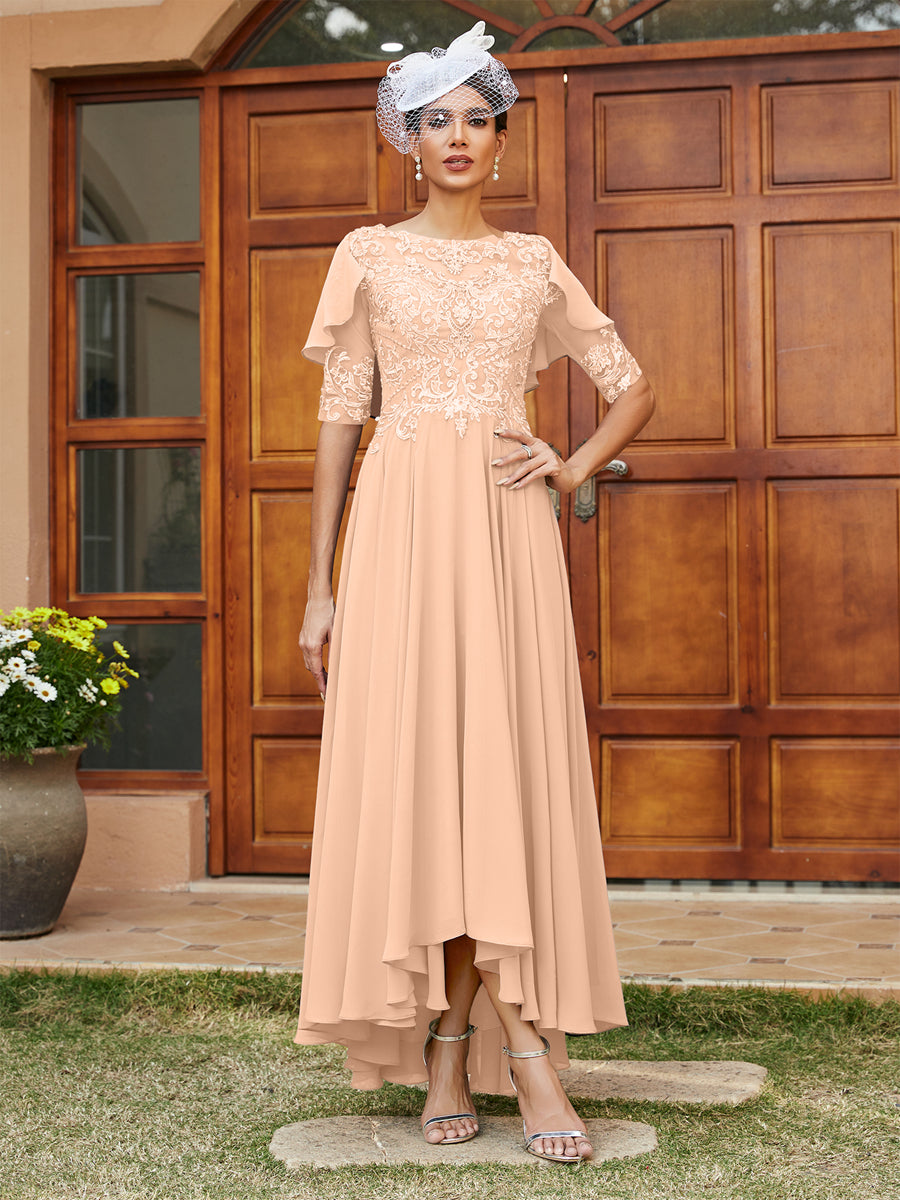 A-Line/Princess Sheer Neck Half Sleeves Long Evening Dresses with Appliques