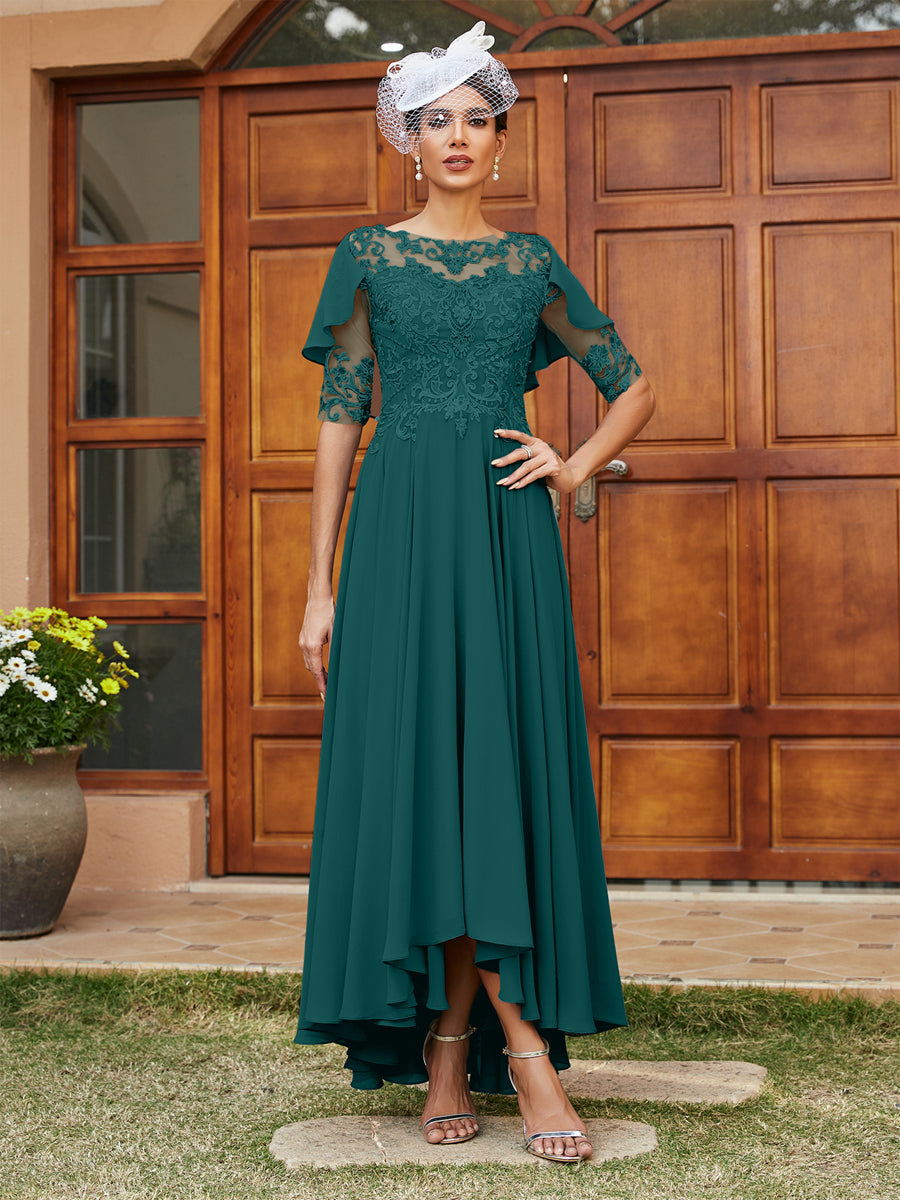 A-Line/Princess Sheer Neck Half Sleeves Long Evening Dresses with Appliques