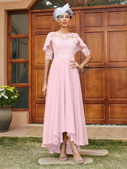 A-Line/Princess Sheer Neck Half Sleeves Long Evening Dresses with Appliques