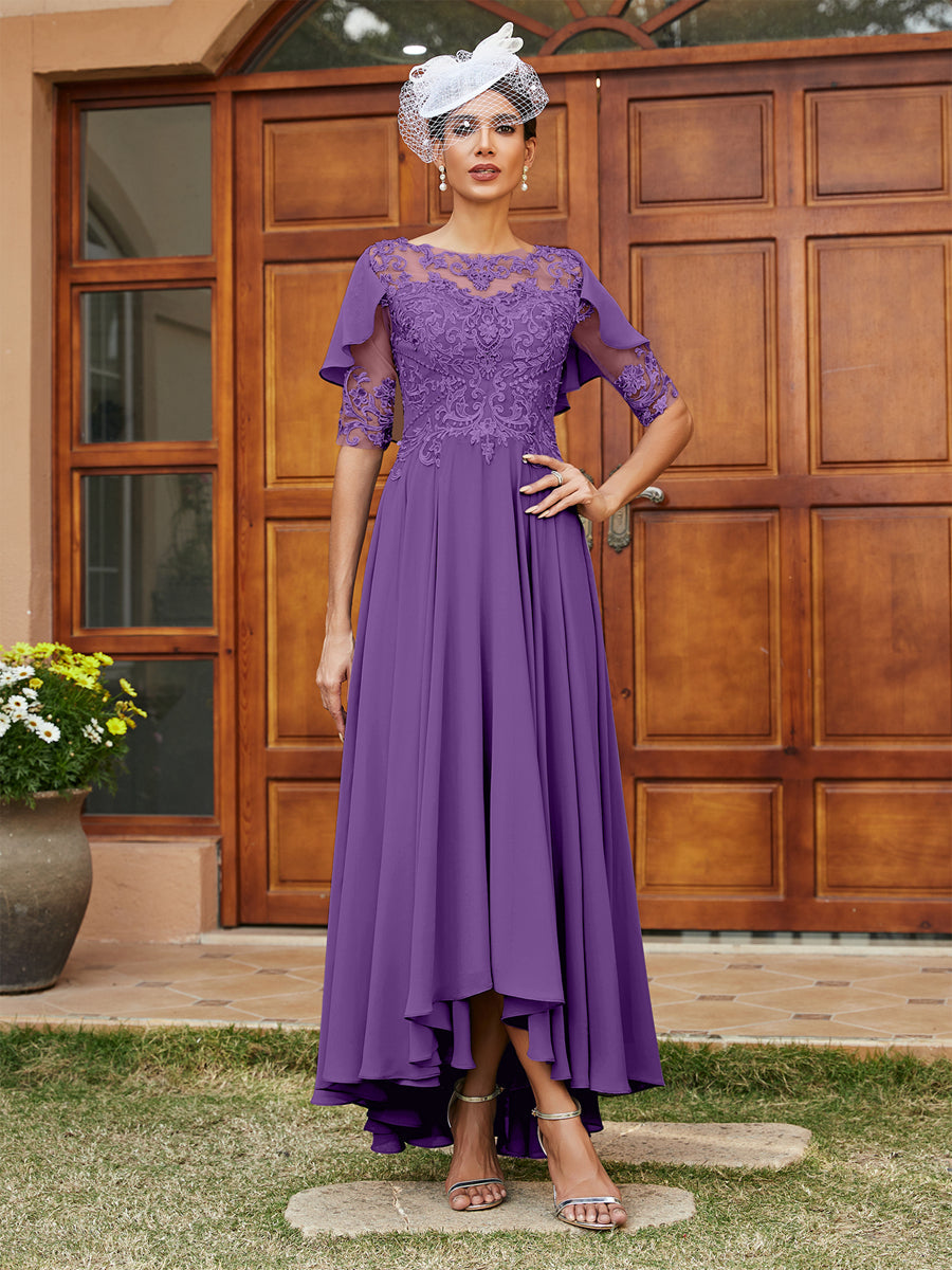 A-Line/Princess Sheer Neck Half Sleeves Long Evening Dresses with Appliques