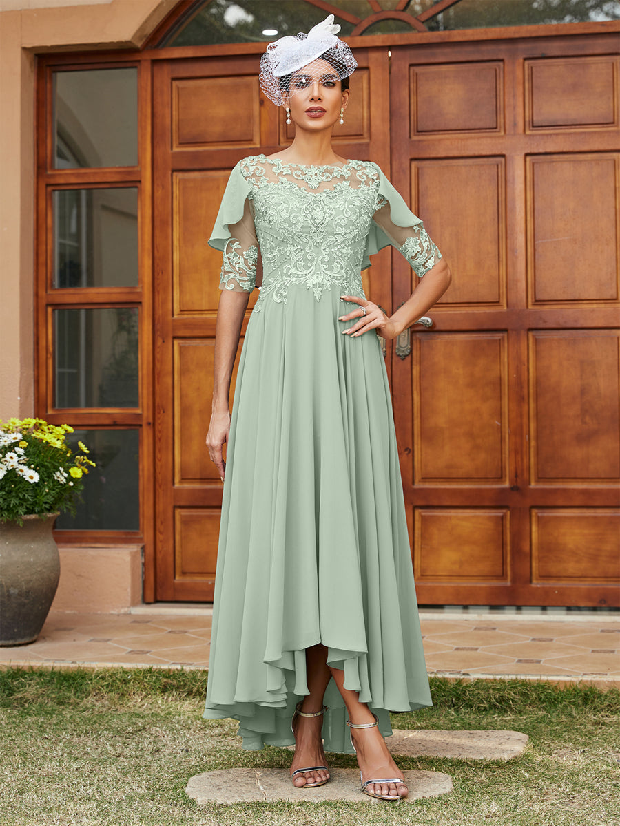 A-Line/Princess Sheer Neck Half Sleeves Long Evening Dresses with Appliques