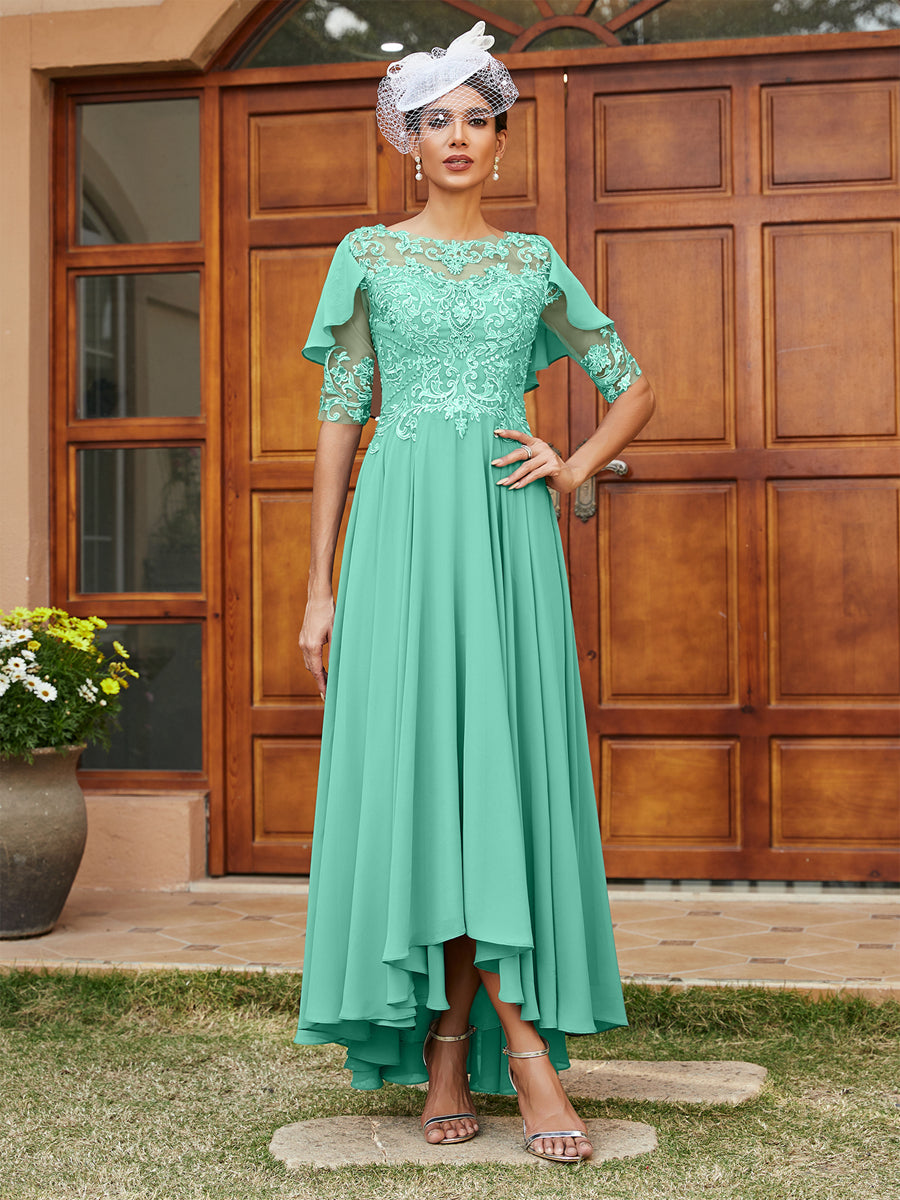 A-Line/Princess Sheer Neck Half Sleeves Long Evening Dresses with Appliques