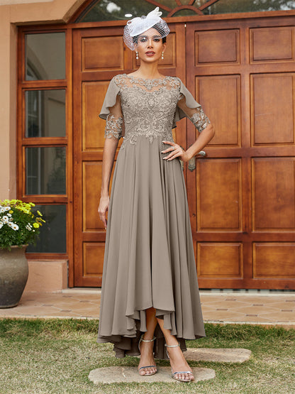 A-Line/Princess Sheer Neck Half Sleeves Long Evening Dresses with Appliques