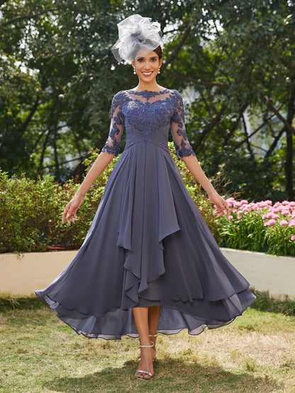 A-Line/Princess Sheer Neck Half Sleeves Long Evening Dresses with Appliques