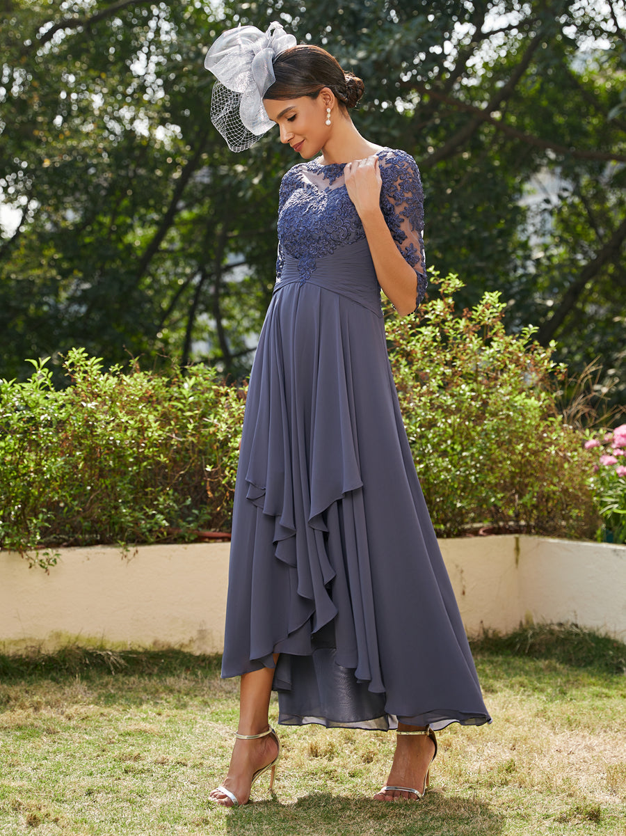 A-Line/Princess Sheer Neck Half Sleeves Long Evening Dresses with Appliques