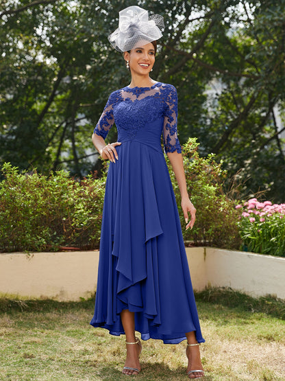 A-Line/Princess Sheer Neck Half Sleeves Long Evening Dresses with Appliques