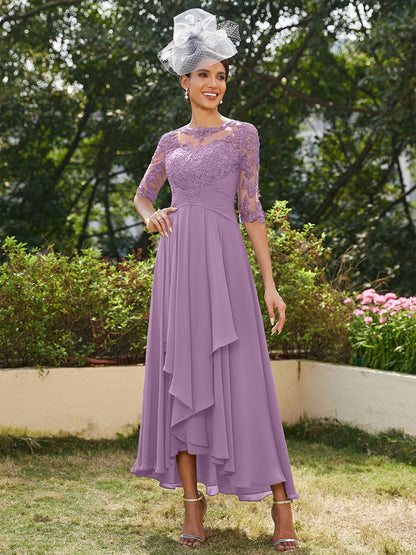 A-Line/Princess Sheer Neck Half Sleeves Long Evening Dresses with Appliques