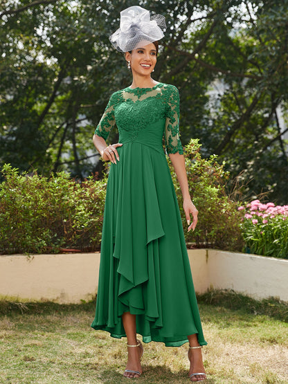 A-Line/Princess Sheer Neck Half Sleeves Long Evening Dresses with Appliques