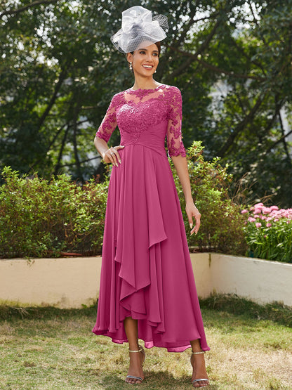 A-Line/Princess Sheer Neck Half Sleeves Long Evening Dresses with Appliques