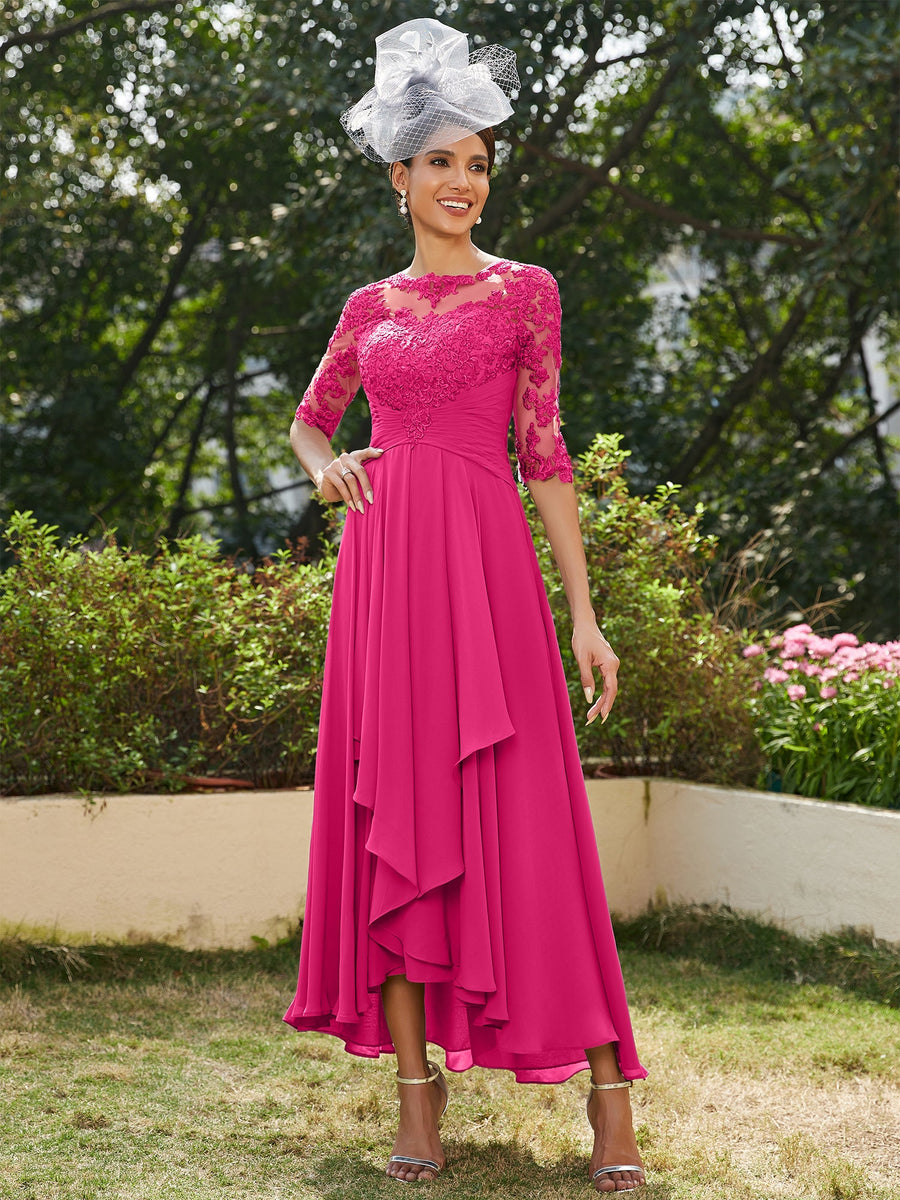 A-Line/Princess Sheer Neck Half Sleeves Long Evening Dresses with Appliques