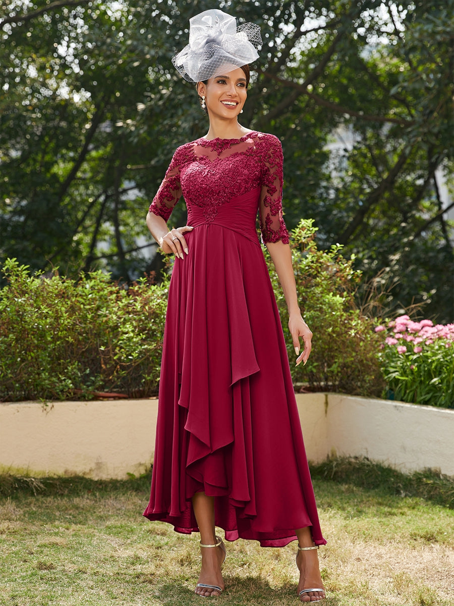 A-Line/Princess Sheer Neck Half Sleeves Long Evening Dresses with Appliques