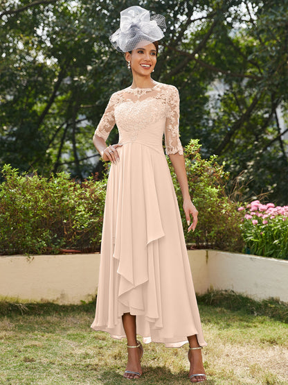 A-Line/Princess Sheer Neck Half Sleeves Long Evening Dresses with Appliques