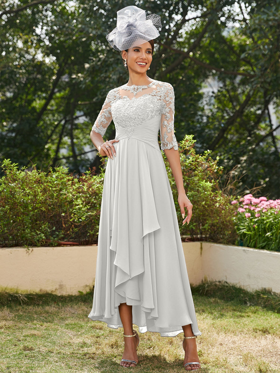 A-Line/Princess Sheer Neck Half Sleeves Long Evening Dresses with Appliques