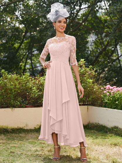 A-Line/Princess Sheer Neck Half Sleeves Long Evening Dresses with Appliques