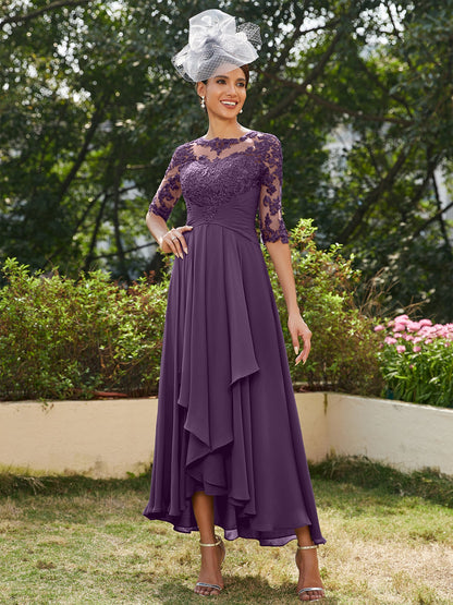 A-Line/Princess Sheer Neck Half Sleeves Long Evening Dresses with Appliques