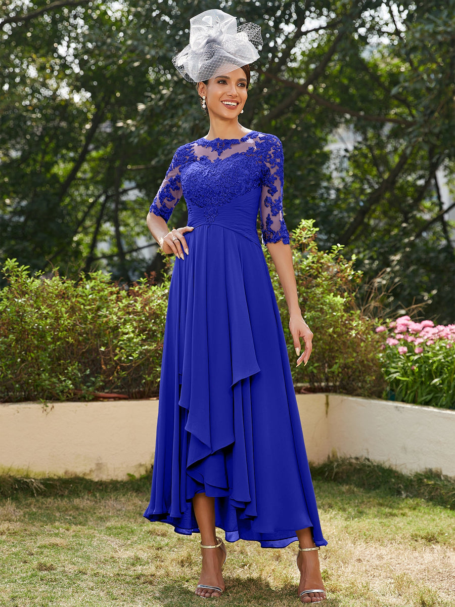 A-Line/Princess Sheer Neck Half Sleeves Long Evening Dresses with Appliques