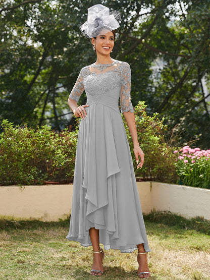 A-Line/Princess Sheer Neck Half Sleeves Long Evening Dresses with Appliques