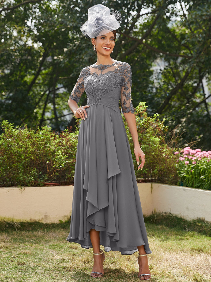 A-Line/Princess Sheer Neck Half Sleeves Long Evening Dresses with Appliques