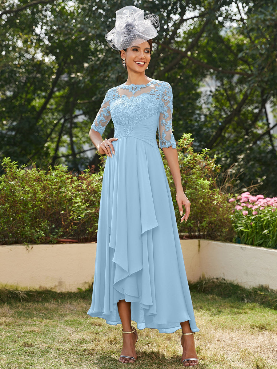 A-Line/Princess Sheer Neck Half Sleeves Long Evening Dresses with Appliques