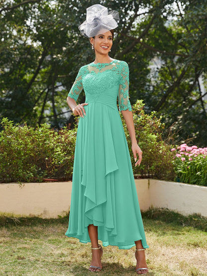 A-Line/Princess Sheer Neck Half Sleeves Long Evening Dresses with Appliques