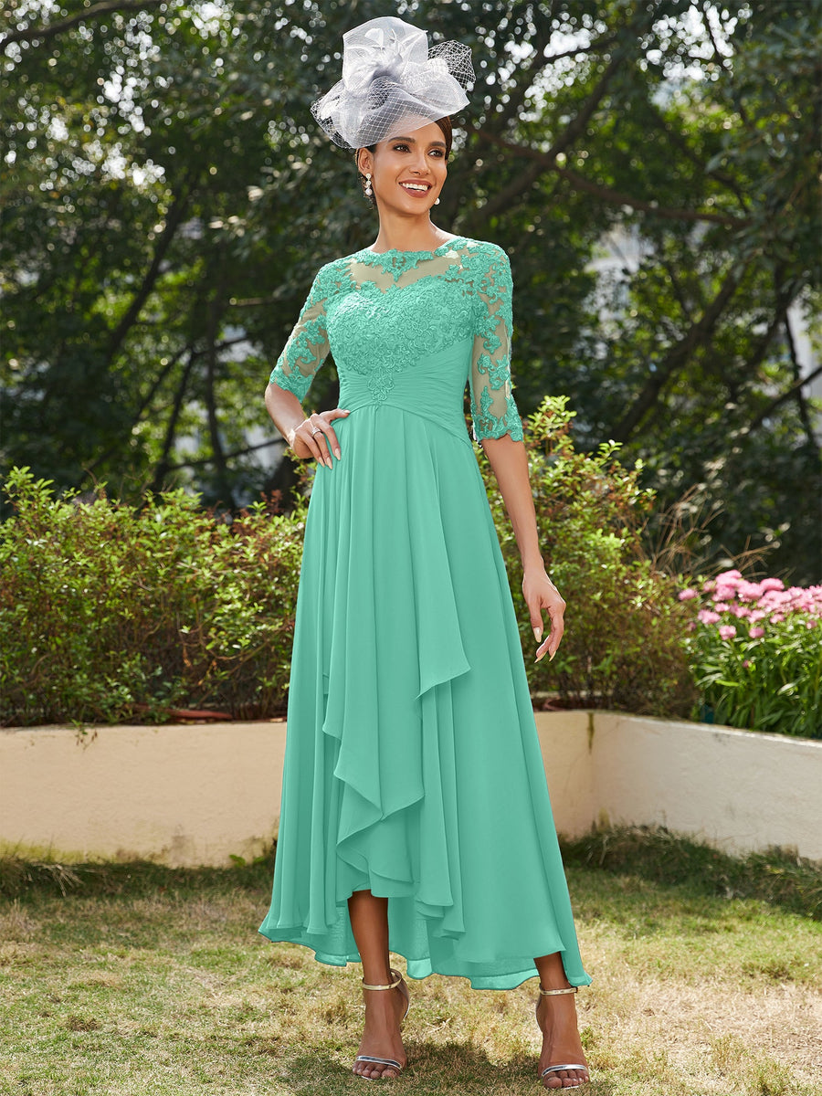 A-Line/Princess Sheer Neck Half Sleeves Long Evening Dresses with Appliques