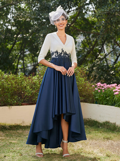 A-Line/Princess V-Neck Half Sleeves Long Evening Dresses with Appliques