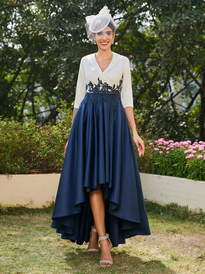 A-Line/Princess V-Neck Half Sleeves Long Evening Dresses with Appliques