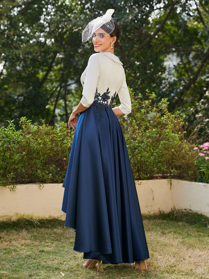 A-Line/Princess V-Neck Half Sleeves Long Evening Dresses with Appliques