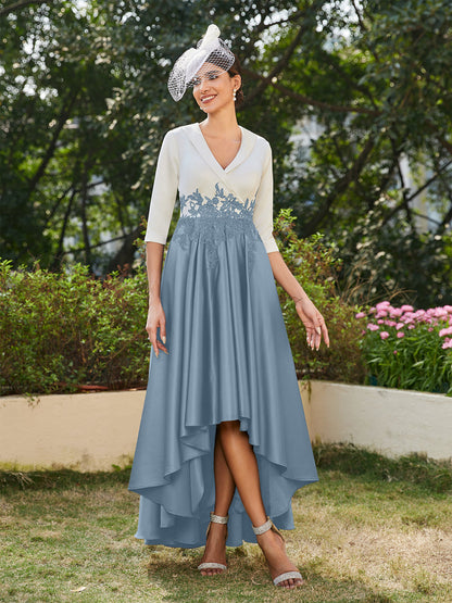 A-Line/Princess V-Neck Half Sleeves Long Evening Dresses with Appliques