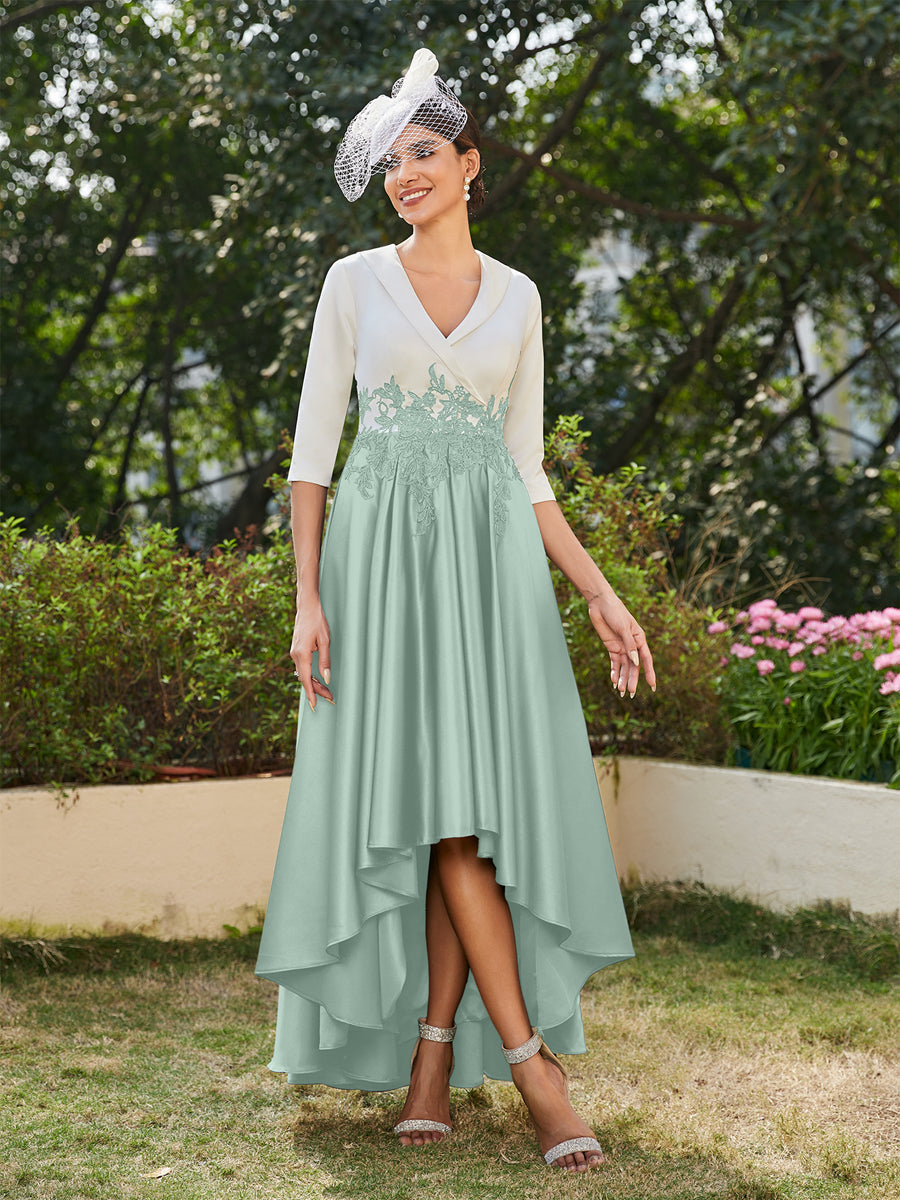 A-Line/Princess V-Neck Half Sleeves Long Evening Dresses with Appliques