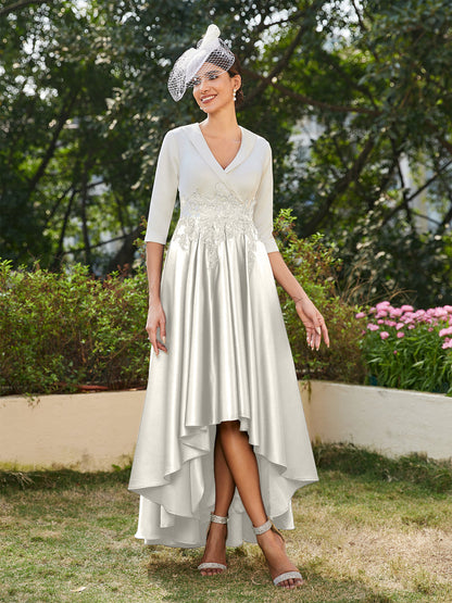 A-Line/Princess V-Neck Half Sleeves Long Evening Dresses with Appliques