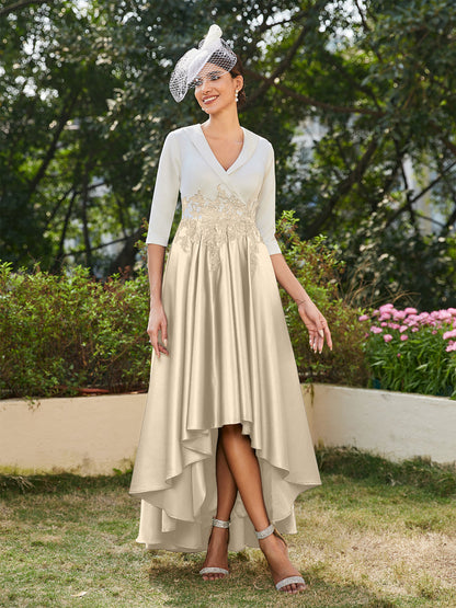 A-Line/Princess V-Neck Half Sleeves Long Evening Dresses with Appliques