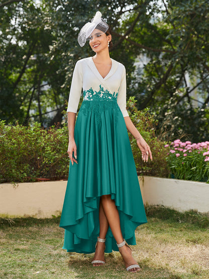 A-Line/Princess V-Neck Half Sleeves Long Evening Dresses with Appliques