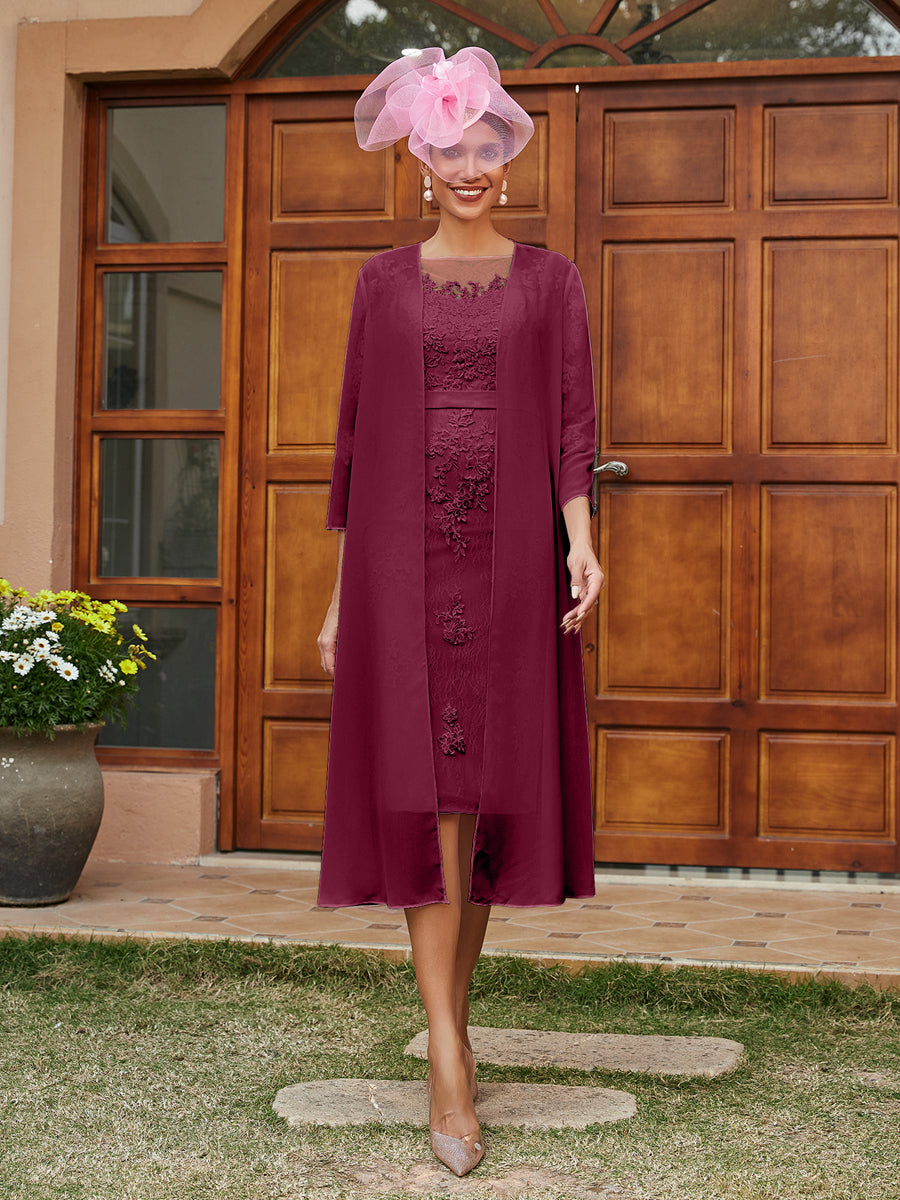 Sheath/Column Sheer Neck 3/4 Sleeves Knee-Length Evening Dresses with Appliques & Jacket