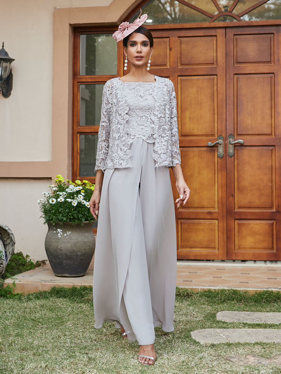 Lace Chiffon Square Neck 3/4 Sleeves 3 Pieces Pantsuits with Appliques & Jacket