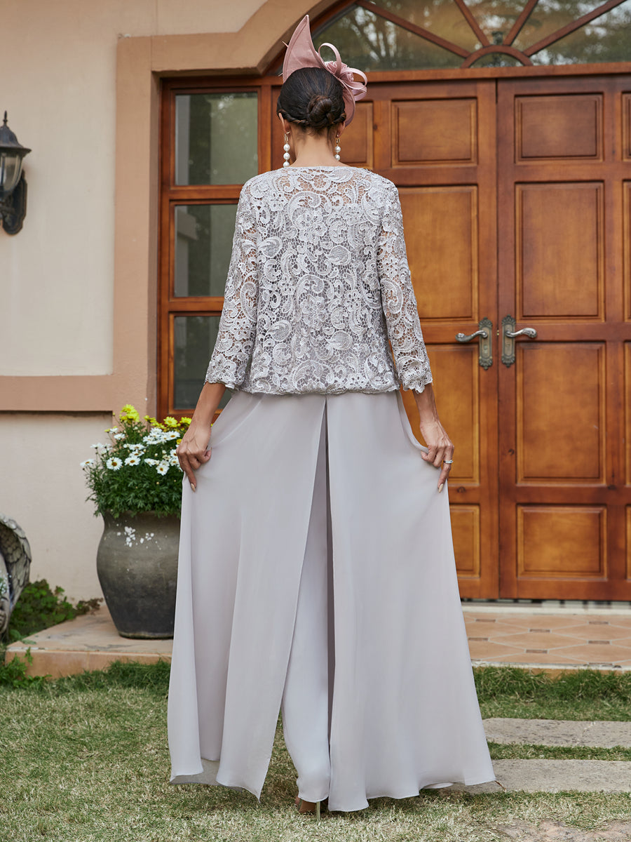 Lace Chiffon Square Neck 3/4 Sleeves 3 Pieces Pantsuits with Appliques & Jacket