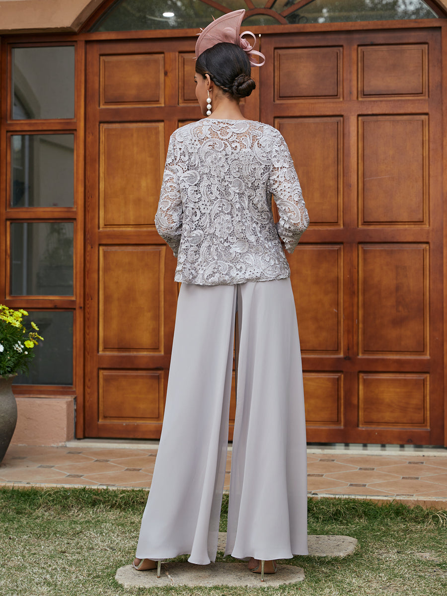 Lace Chiffon Square Neck 3/4 Sleeves 3 Pieces Pantsuits with Appliques & Jacket