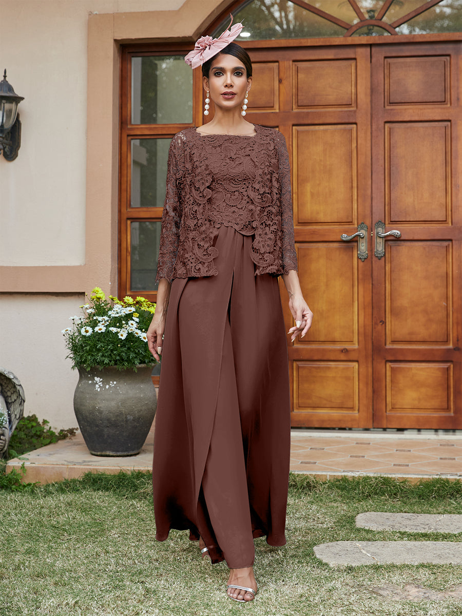 Lace Chiffon Square Neck 3/4 Sleeves 3 Pieces Pantsuits with Appliques & Jacket