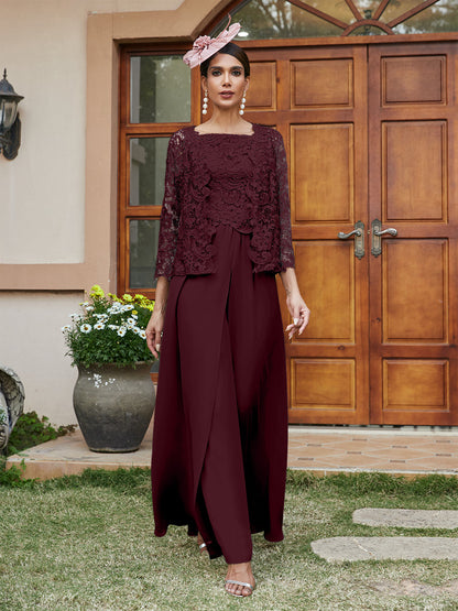 Lace Chiffon Square Neck 3/4 Sleeves 3 Pieces Pantsuits with Appliques & Jacket